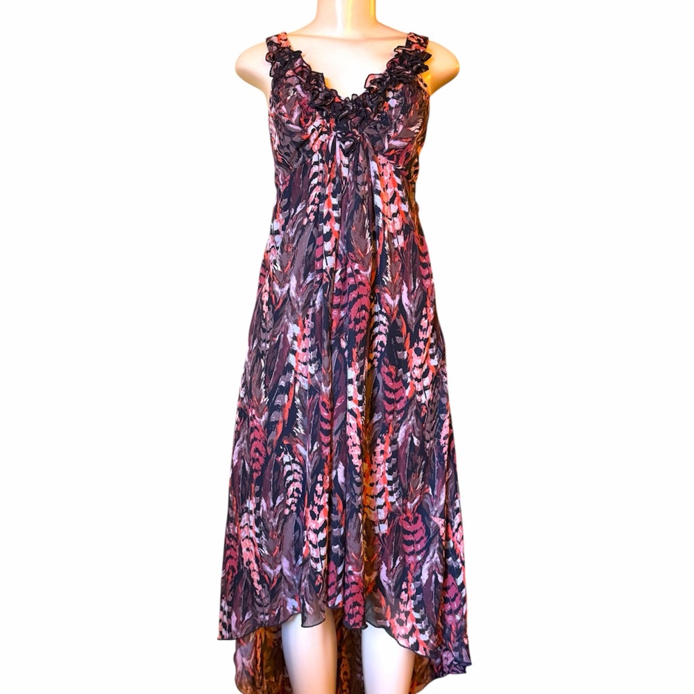 Ruffle Sleeveless Maxi feather print Dress sheer lightweight midi dress